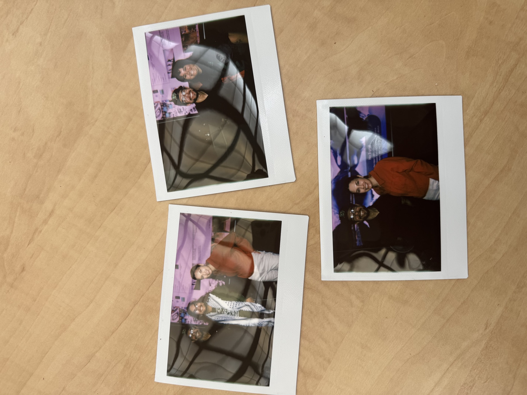 Three instant photographs from the Teaching Effectiveness Award celebration with social work students.